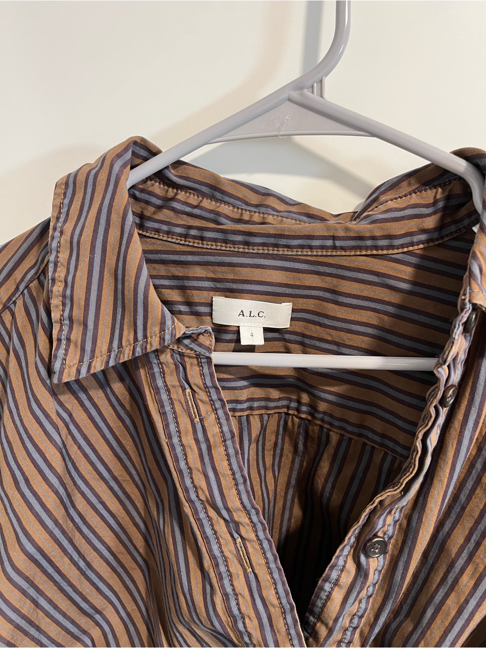 A.L.C. Olive and Black Striped Twist-Front Button-Down Shirt - Picture 5 of 10